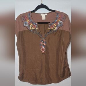 Sundance Embroidered Silk/Linen Mixed Media Skirt Sleeve Brown Women's S Top